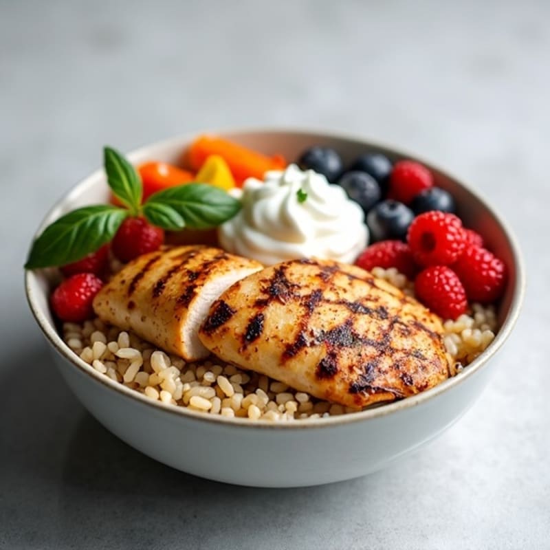 Grilled Chicken and Brown Rice Bowl with Roasted Vegetables