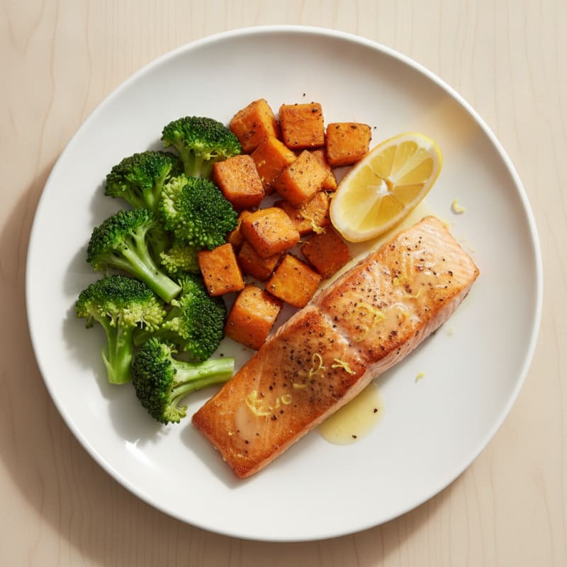 Seared Salmon with Steamed Broccoli and Roasted Sweet Potatoes