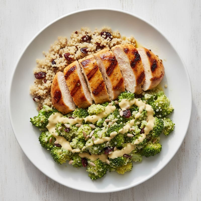 Grilled Chicken Breast with Quinoa and Crunchy Broccoli Salad