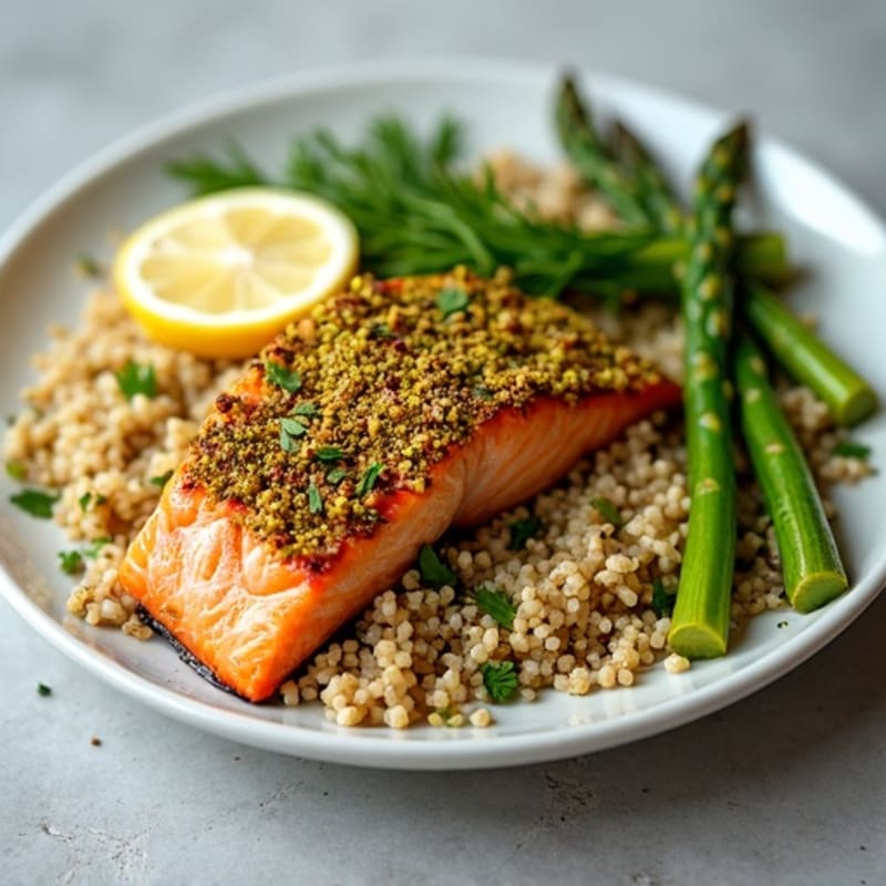 Crispy Pistachio-Crusted Salmon with Lemon-Herb Roasted Asparagus and Fluffy Quinoa