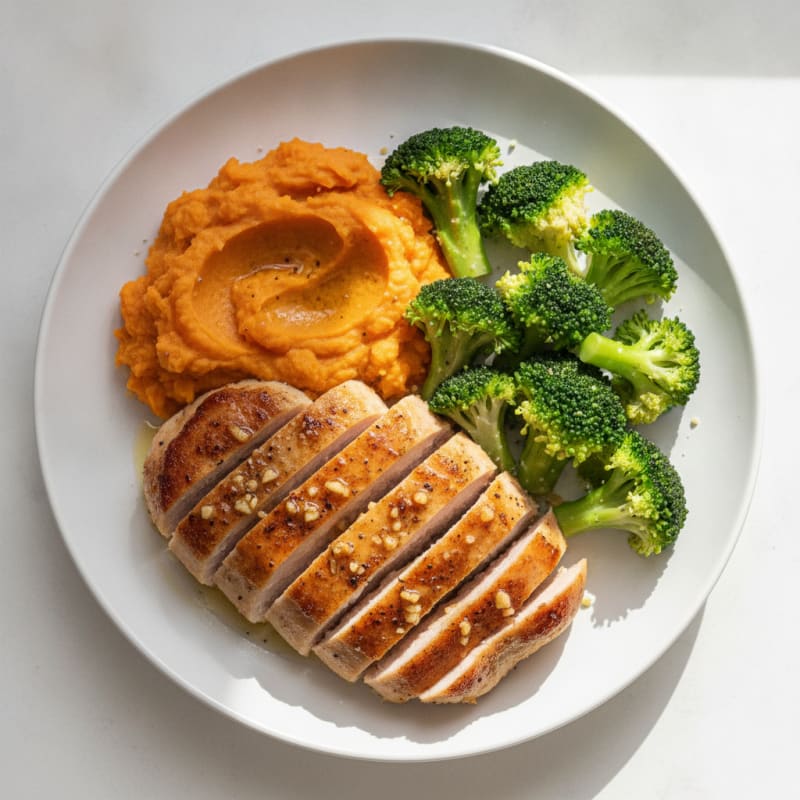 Seared Turkey Breast with Steamed Broccoli and Sweet Potato Mash