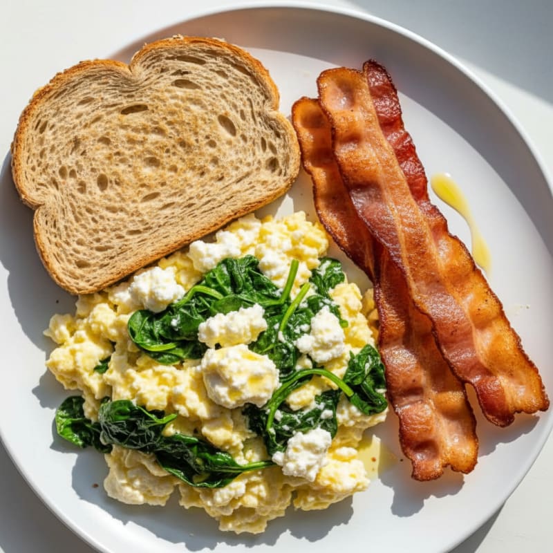 Cottage Cheese and Egg White Scramble with Sautéed Spinach and Turkey Bacon