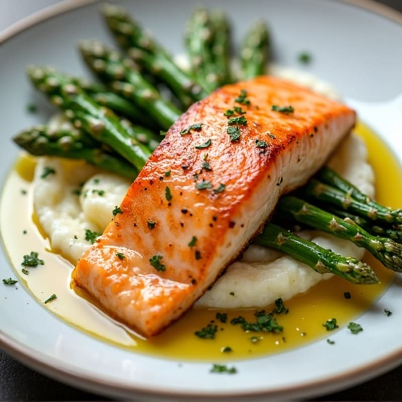 Seared Salmon with Roasted Asparagus and Cauliflower Mash