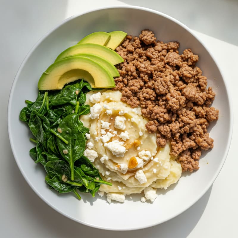 Seared Steak Mince with Sautéed Greens and Garlic Feta Mash