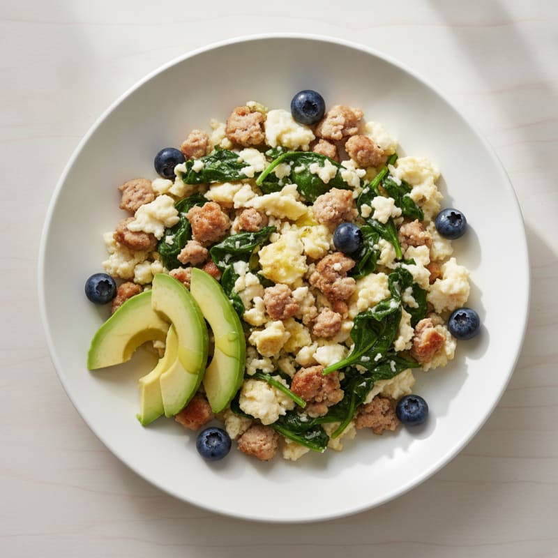 Egg White Scramble with Turkey Sausage and Sautéed Spinach