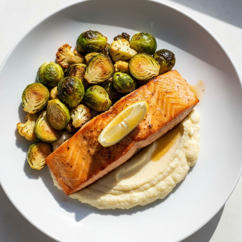 Seared Salmon Fillet with Roasted Brussels Sprouts and Cauliflower Mash