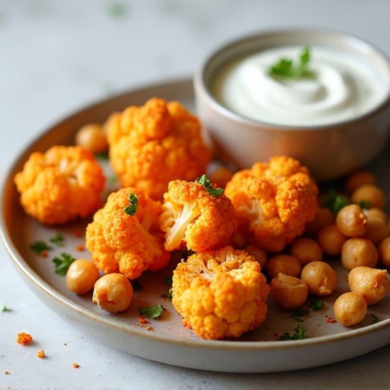 Crispy Buffalo Roasted Cauliflower Bites with Chickpeas and Greek Yogurt Dip