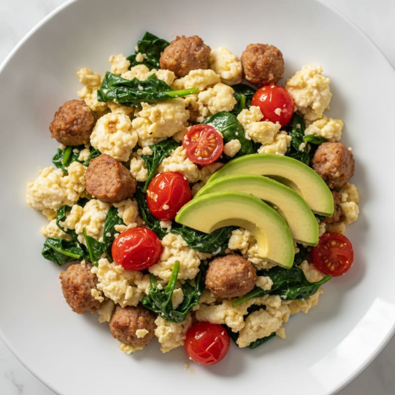Egg White Spinach Scramble with Turkey Sausage