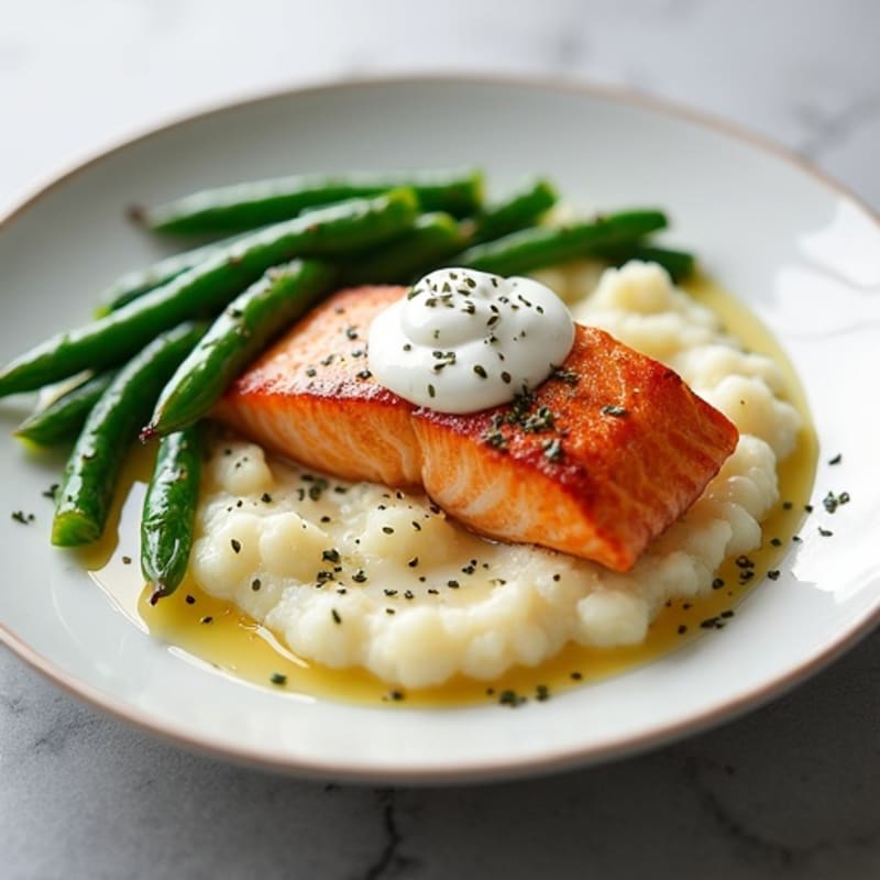 Seared Salmon with Steamed Green Beans and Cauliflower Mash