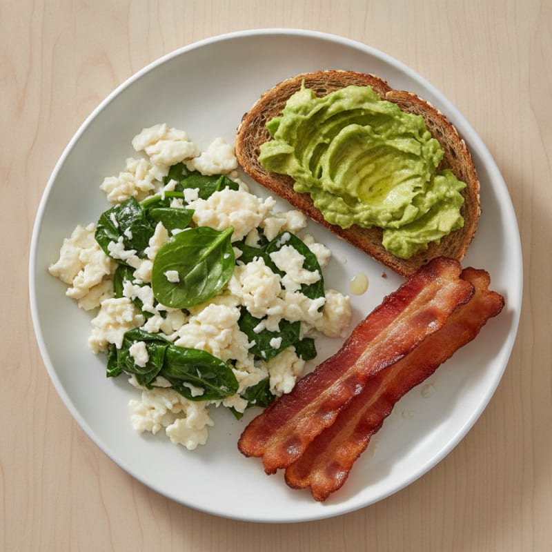 Scrambled Egg Whites with Sautéed Spinach and Turkey Bacon