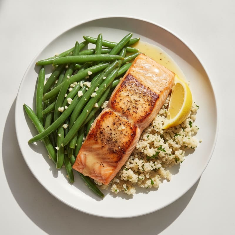 Seared Salmon Fillet with Garlic Green Beans and Quinoa