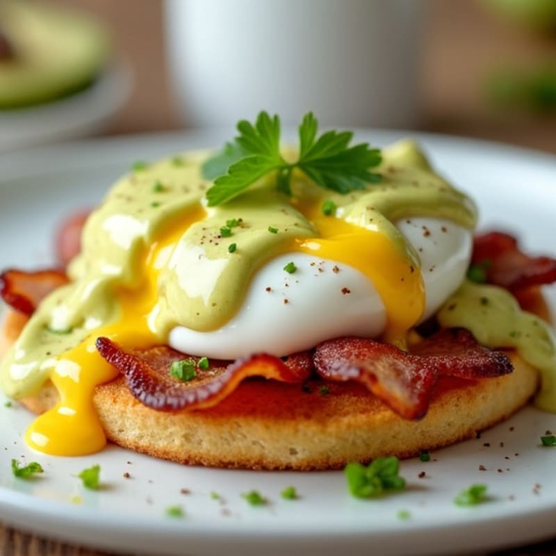Poached Eggs with Crispy Turkey Bacon and Creamy Avocado Hollandaise