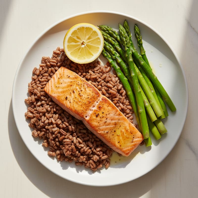 Seared Salmon Fillet with Steamed Asparagus and Brown Rice