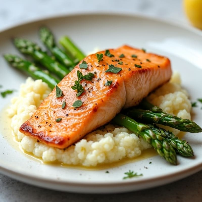 Seared Salmon with Steamed Asparagus and Cauliflower Mash