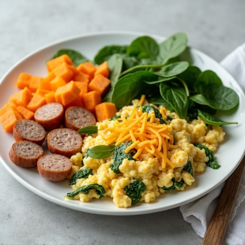 Egg White and Turkey Sausage Scramble with Spinach and Sweet Potato