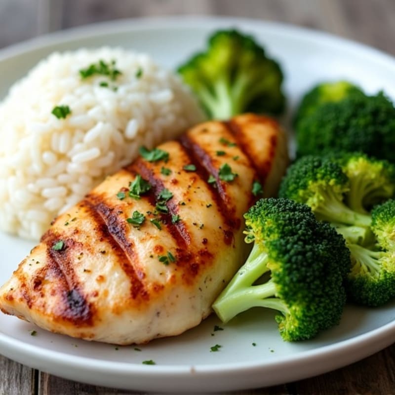 Grilled Chicken Breast with Roasted Broccoli and Steamed Rice