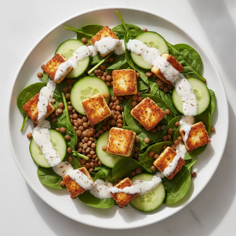 Crispy Paneer and Lentil Power Salad with Spinach and Cucumber