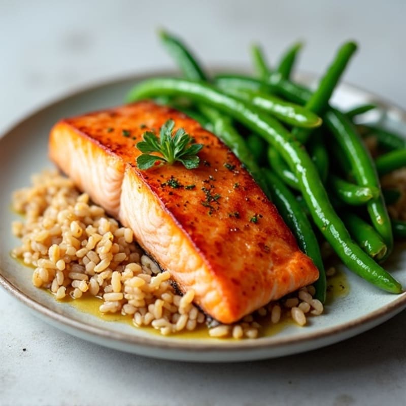 Seared Salmon Fillet with Steamed Green Beans and Brown Rice