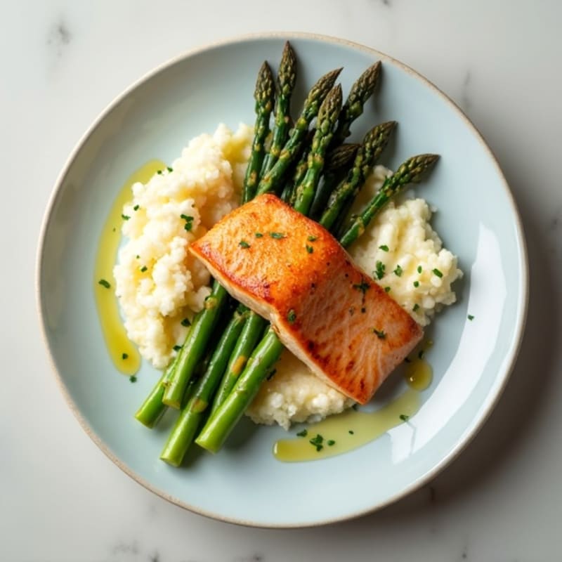 Seared Salmon with Steamed Asparagus and Cauliflower Mash
