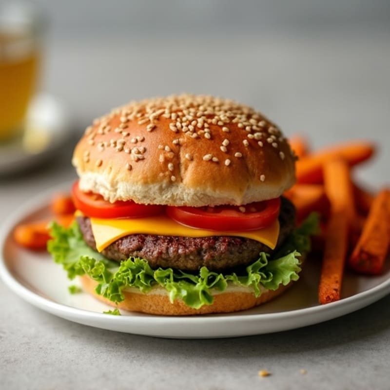 Juicy Lean Beef Burger with Crispy Baked Sweet Potato Fries