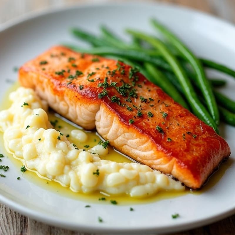 Seared Salmon with Garlic Green Beans and Cauliflower Mash