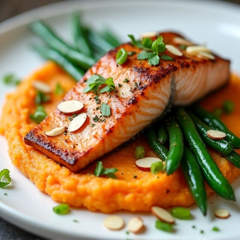 Seared Salmon with Garlic Green Beans and Sweet Potato Mash