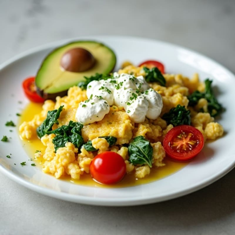 Egg White and Spinach Scramble with Cottage Cheese and Cherry Tomatoes