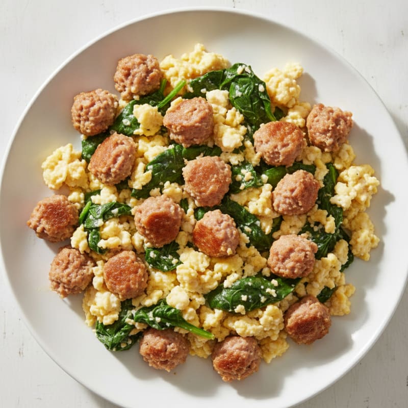 Cottage Cheese Egg Scramble with Turkey Sausage and Spinach