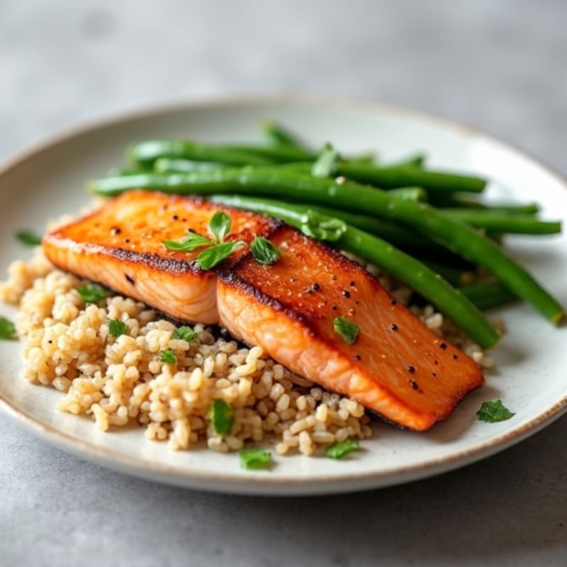 Seared Salmon Fillet with Steamed Green Beans and Brown Rice
