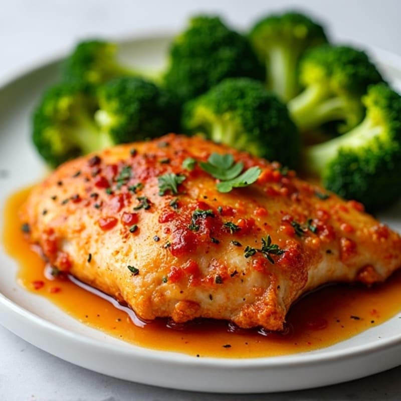 Crispy Baked Chicken with Spicy Garlic Sauce and Steamed Broccoli