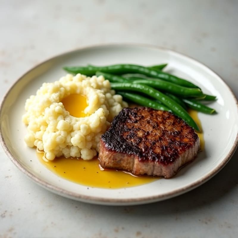 Seared Lean Beef Steak with Garlic Green Beans and Mashed Cauliflower