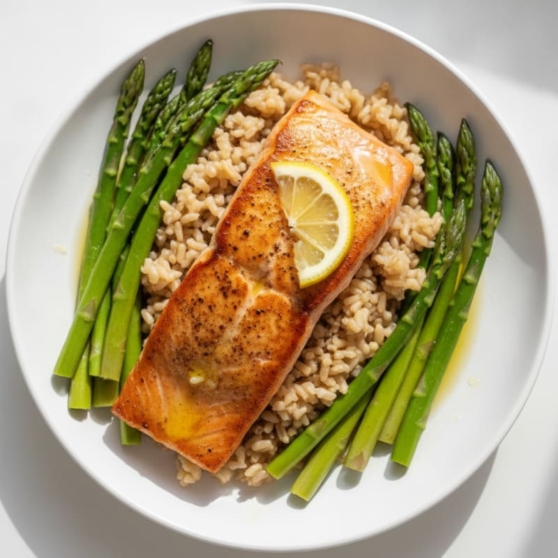 Seared Salmon with Steamed Asparagus and Brown Rice