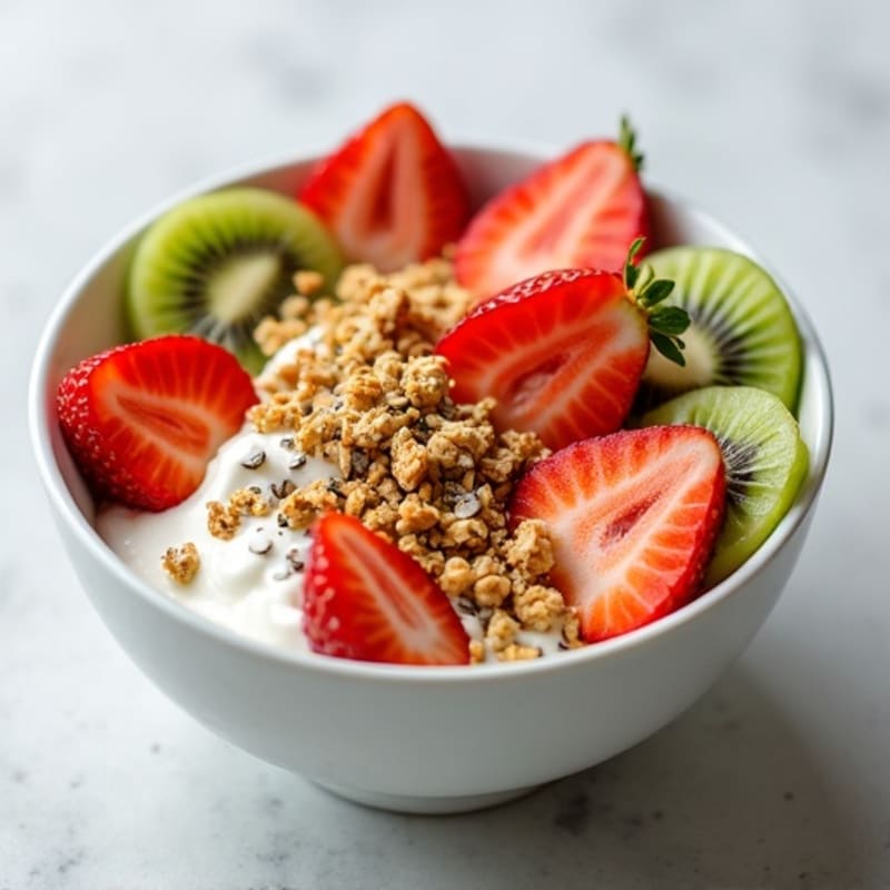 Creamy Greek Yogurt Bowl with Fresh Strawberries, Kiwi, Crunchy Granola, Almond Butter, and Hemp Seeds