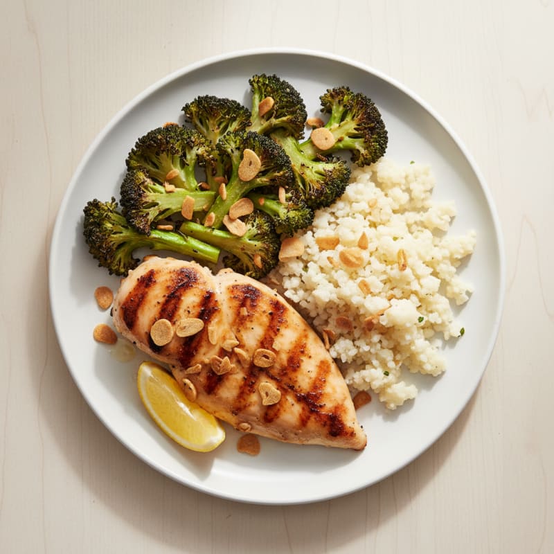 Grilled Chicken Breast with Roasted Broccoli and Cauliflower Rice