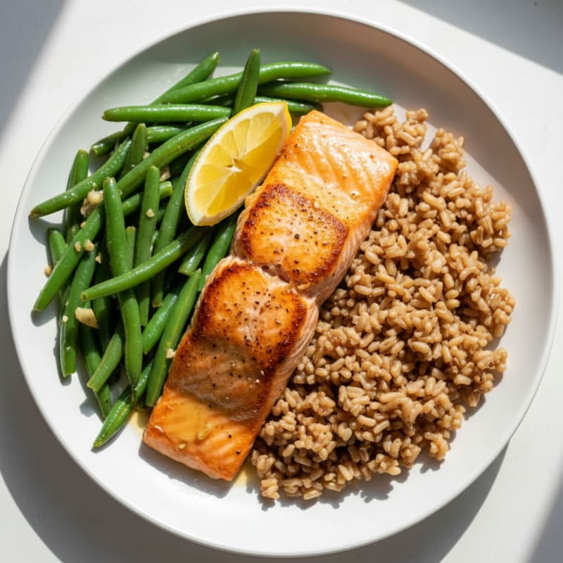 Seared Salmon Filet with Garlic Green Beans and Brown Rice