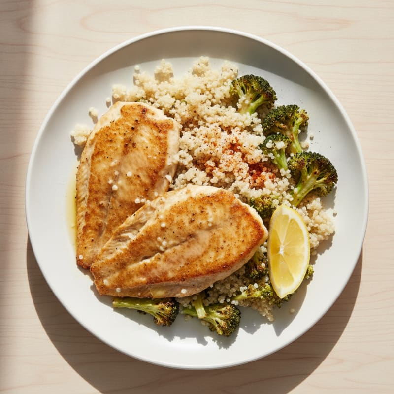 Seared Tilapia with Roasted Broccoli and Quinoa