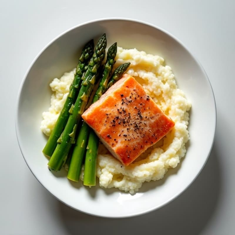 Seared Salmon with Steamed Asparagus and Cauliflower Mash