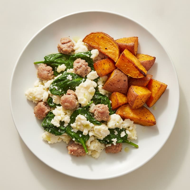 Egg White and Turkey Sausage Scramble with Spinach and Roasted Sweet Potatoes