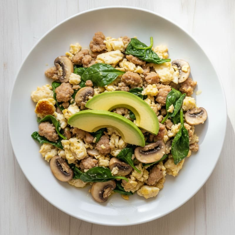 Egg White Spinach Scramble with Turkey Sausage and Sautéed Mushrooms