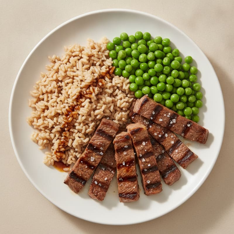 Grilled Beef Strips with Rice and Steamed Green Peas