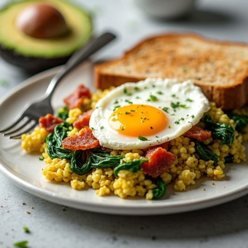 Crispy Turkey Bacon and Spinach Scramble with Cottage Cheese