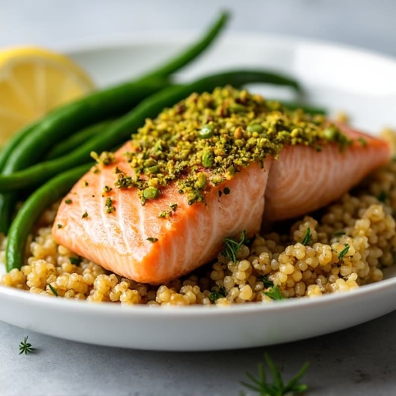 Pistachio Crusted Salmon with Lemon Dill Quinoa and Crispy Roasted Green Beans