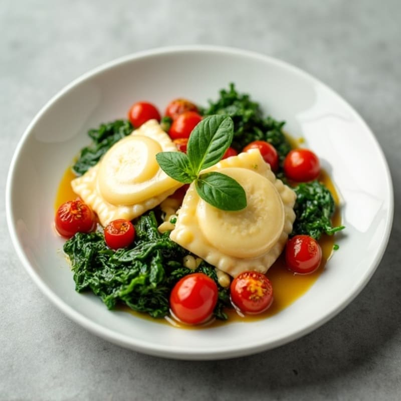 Creamy Spinach Ricotta Ravioli with Herb-Roasted Tomatoes