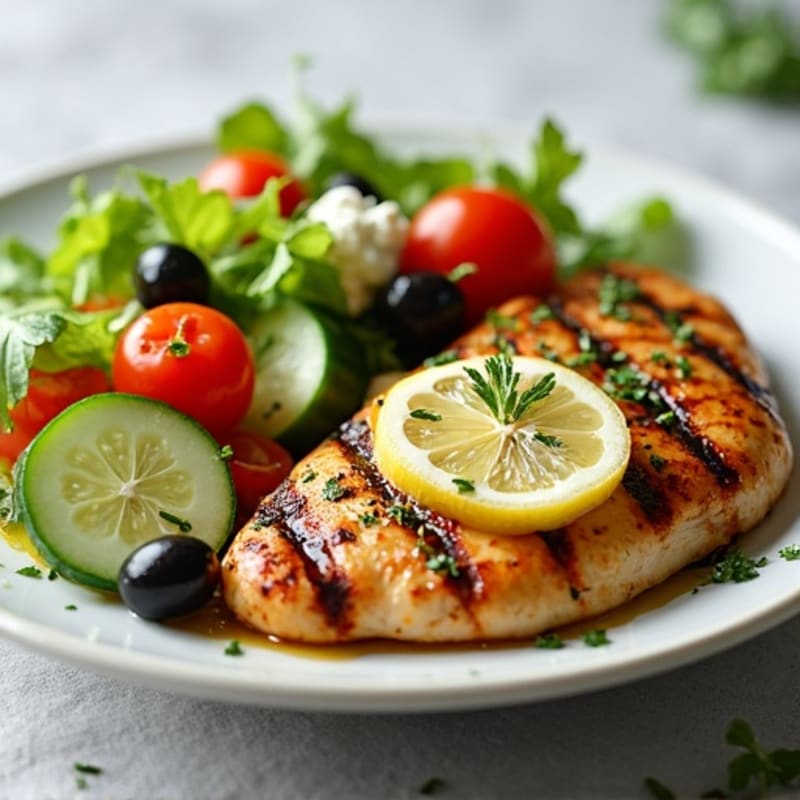 Grilled Lemon-Herb Chicken with Fresh Cucumber Tomato Olive Salad and Creamy Feta