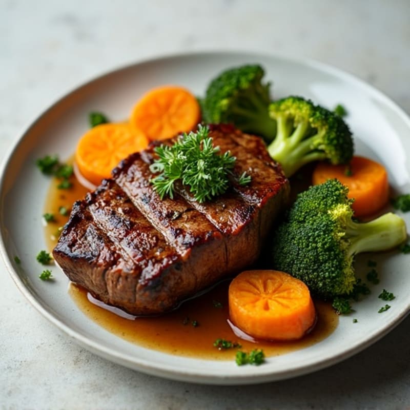 Seared Beef Sirloin with Roasted Broccoli and Sweet Potato