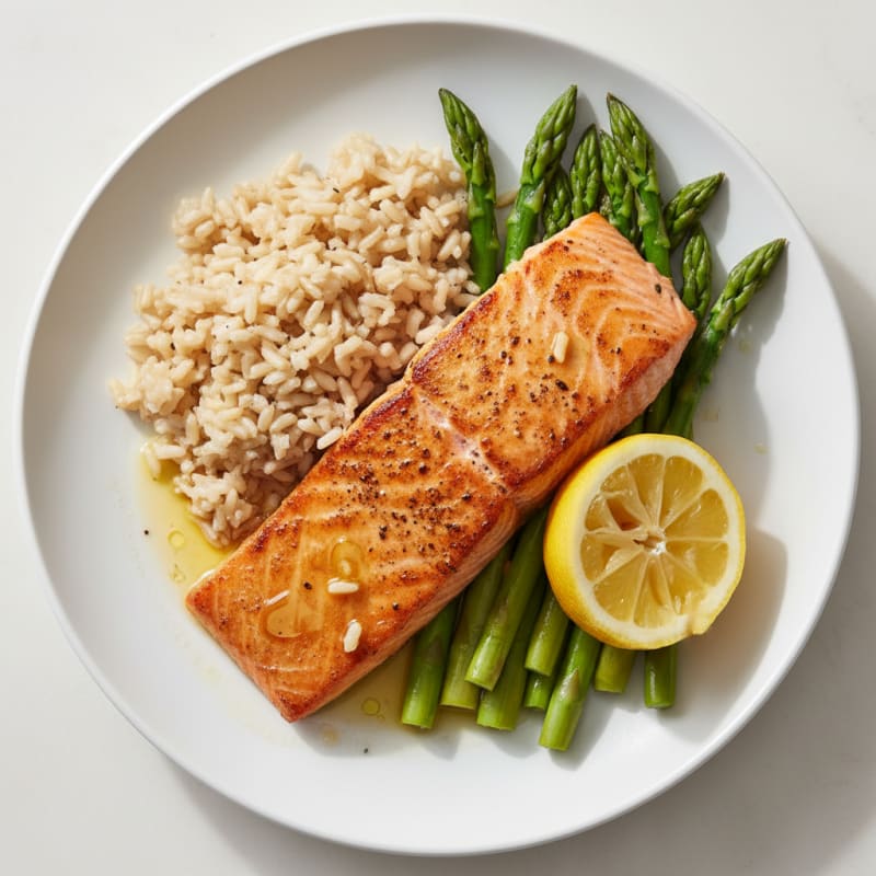 Seared Salmon Fillet with Steamed Asparagus and Brown Rice