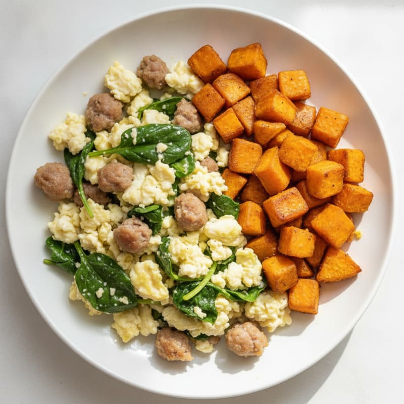 Egg White and Turkey Sausage Scramble with Roasted Sweet Potatoes