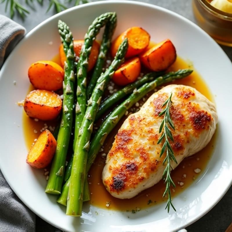 Crispy Lemon Herb Roasted Chicken with Roasted Asparagus and Sweet Potatoes