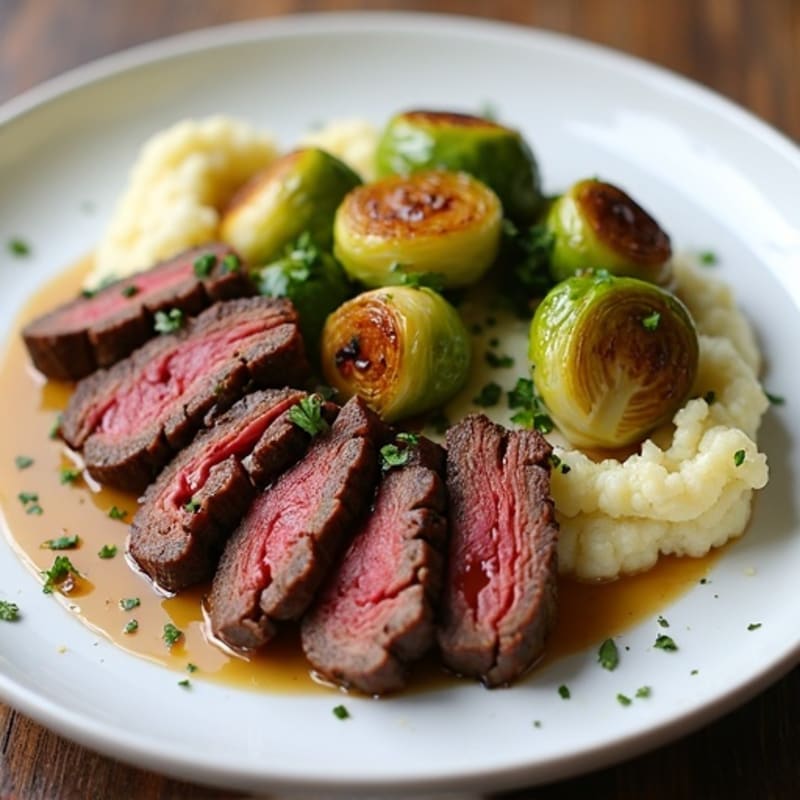 Seared Lean Beef with Roasted Brussels Sprouts and Cauliflower Mash