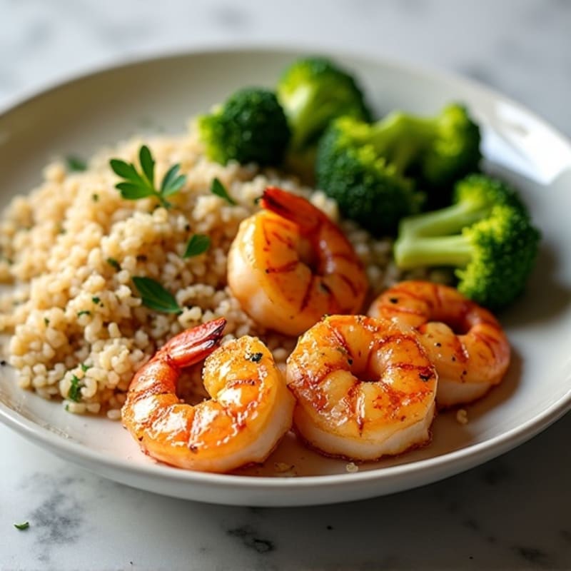 Lemon-Garlic Grilled Shrimp with Herb Rice Pilaf and Roasted Broccoli